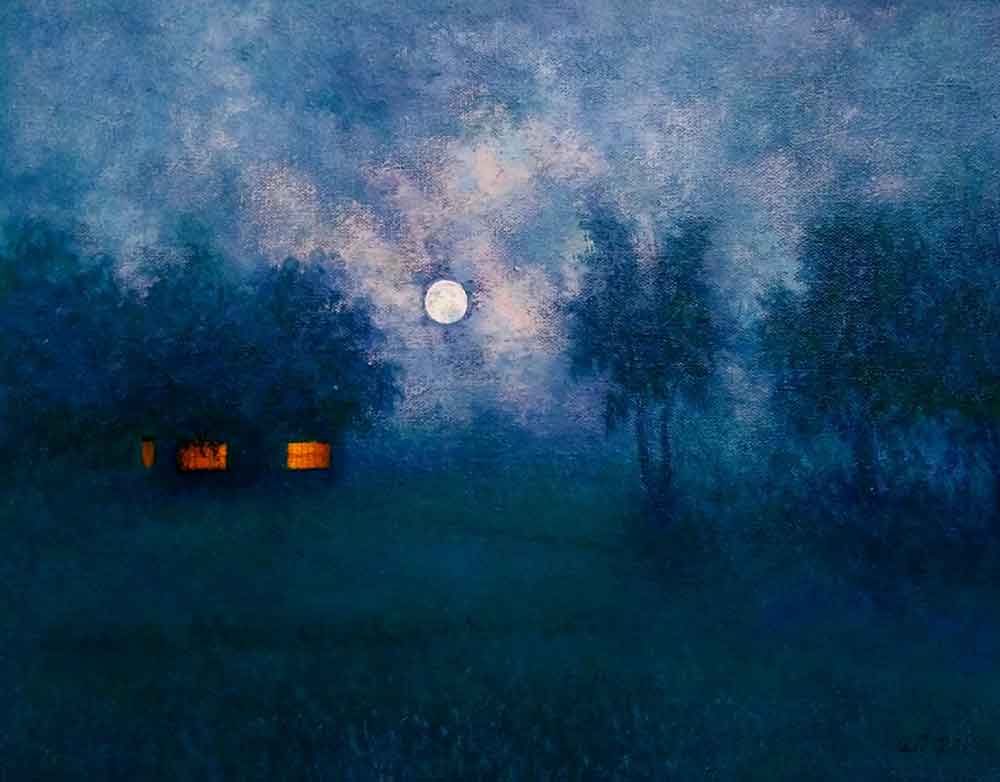 Painting of moonlit night on canvas