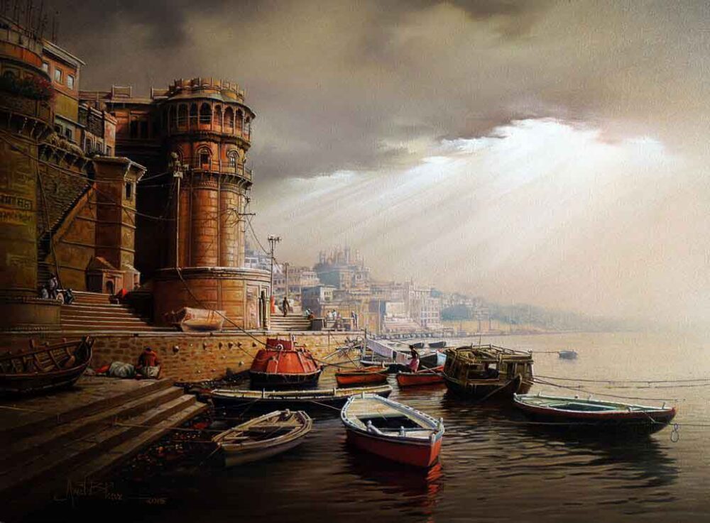 Painting of Benaras ghat on canvas