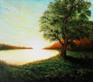 Painting of a tree with sun shine on canvas