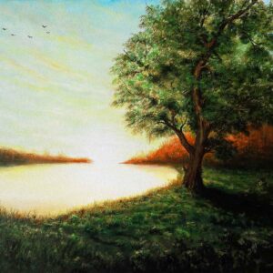 Painting of a tree with sun shine on canvas