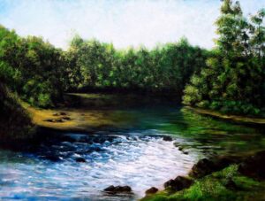 Painting of a flowing stream on canvas