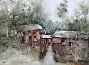 Painting of houses and landscape on paper