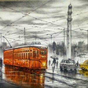 Painting of Kolkata tram on paper