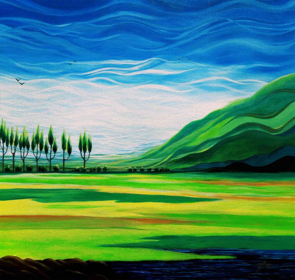 Painting of colourful field on canvas