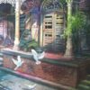 Painting on paper of pigeons in an old house