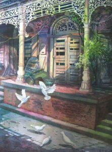 Painting on paper of pigeons in an old house