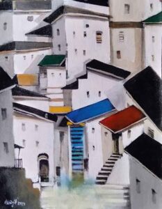 Painting of houses on canvas