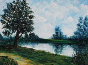 Painting of a serene and green landscape on canvas