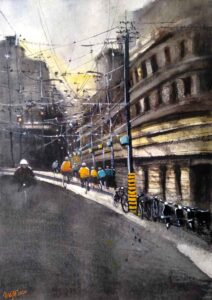 Painting of a road inside a city