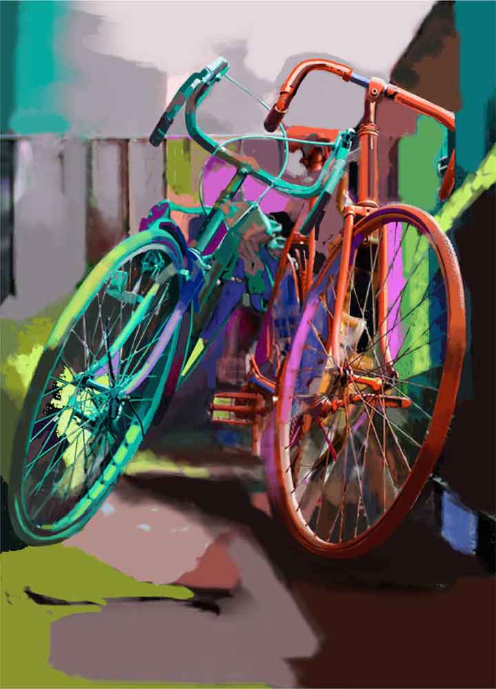 Painting of bicycle on canvas