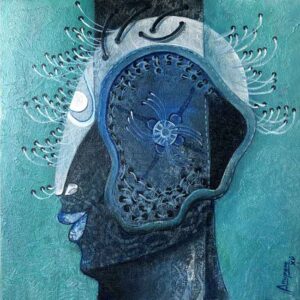 Painting of a blue head on canvas