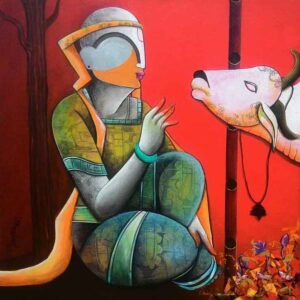 Painting of Krishna with cow on canvas