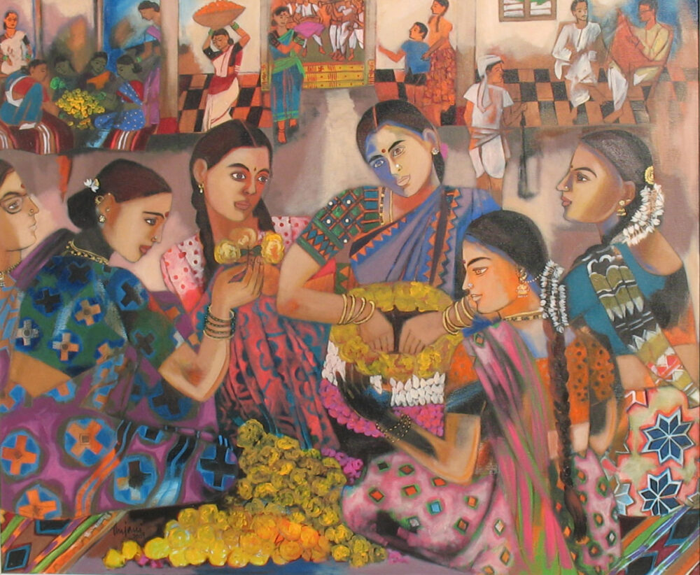 Painting of women at work on canvas