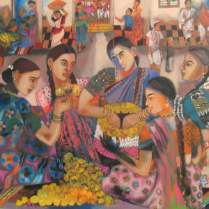 Painting of women at work on canvas