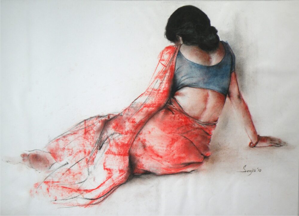 Painting of woman with pastel on paper