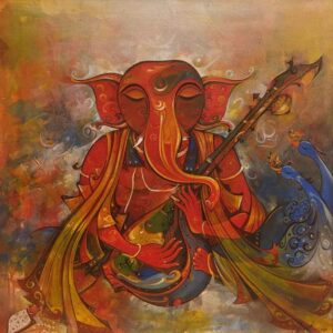 Painting on canvas of musician Ganesha