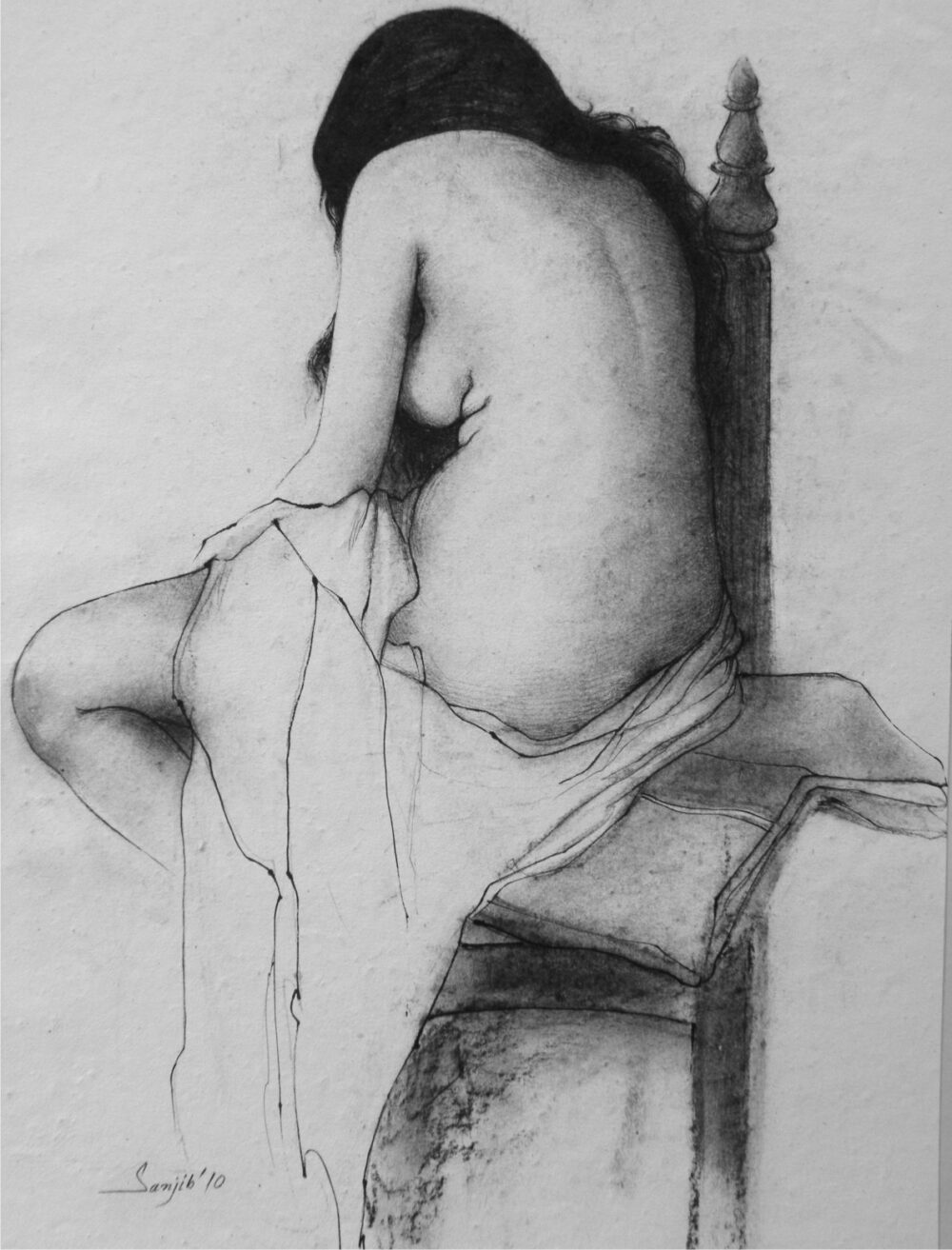 Painting of nude with ink and charcoal on paper