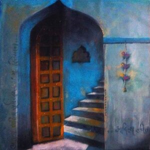 Painting of door and stairs on canvas