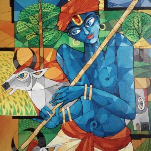 Painting of lord Krishna as shepherd on canvas