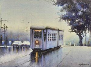 Painting on paper of tram in Kolkata