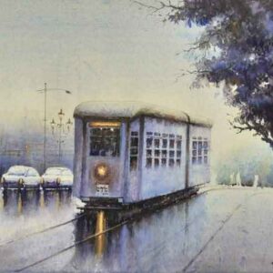 Painting on paper of tram in Kolkata