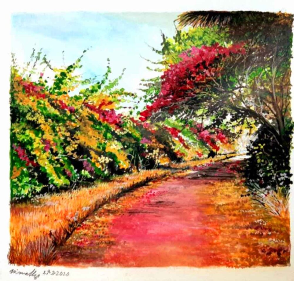Painting of flower laden auroville on paper