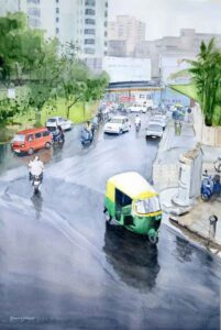 Painting on paper of rainy day in a city