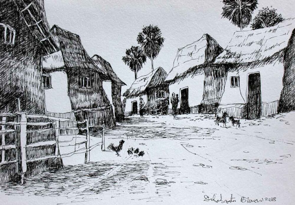 Sketch of rural landscape with pen and ink on paper