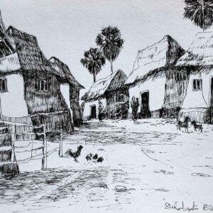 Sketch of rural landscape with pen and ink on paper