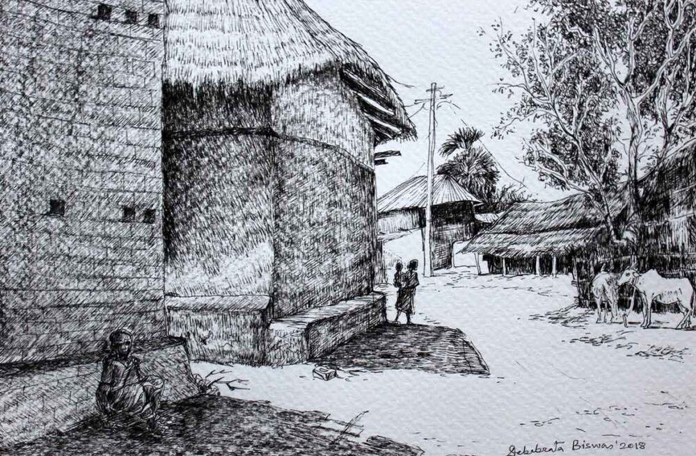 Sketch of rural landscape with pen and ink on paper