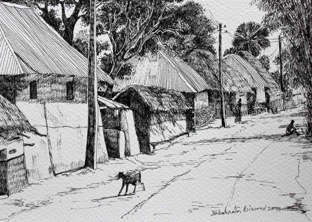 Sketch of rural landscape with pen and ink on paper