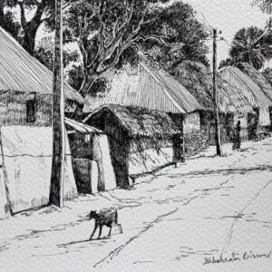 Sketch of rural landscape with pen and ink on paper