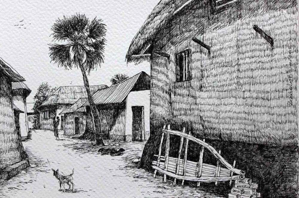 Sketch on paper with pen and ink of rural landscape
