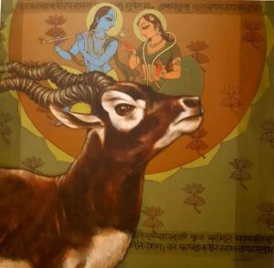 Painting of radha krishna with blackbuck deer on canvas