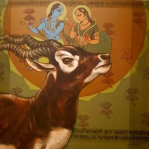 Painting of radha krishna with blackbuck deer on canvas