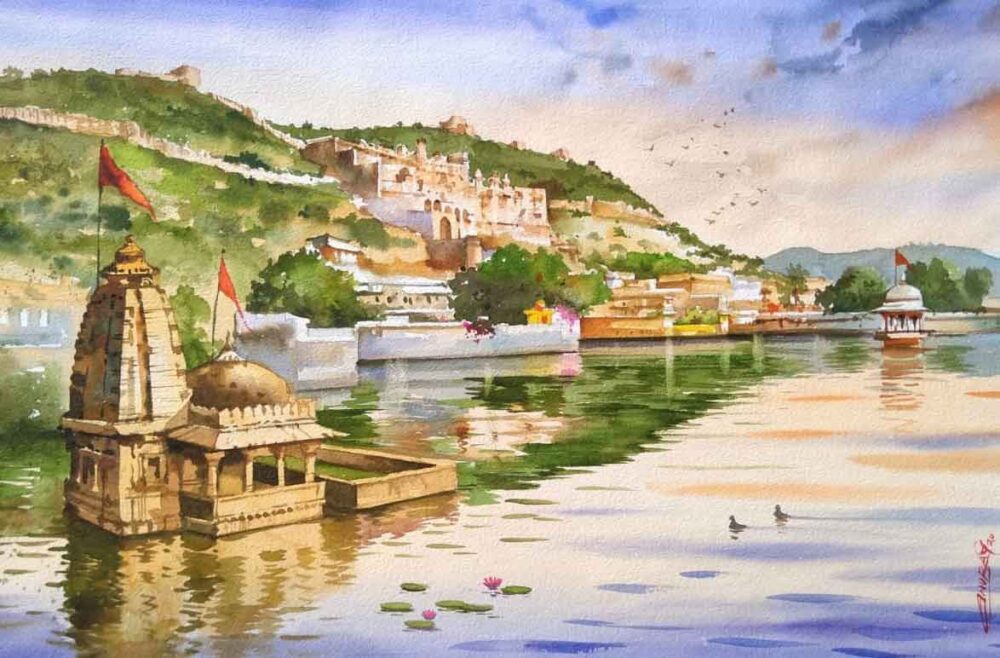 Painting on paper of Bundi buildings in Rajasthan