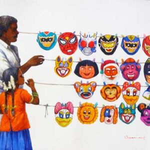 Painting on paper of person selling masks