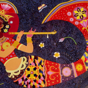 Painting on canvas of mermaid playing the flute