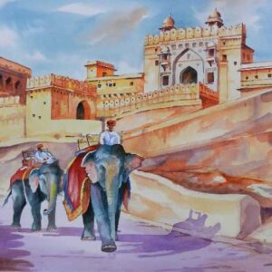 Painting on paper of elephants at fort