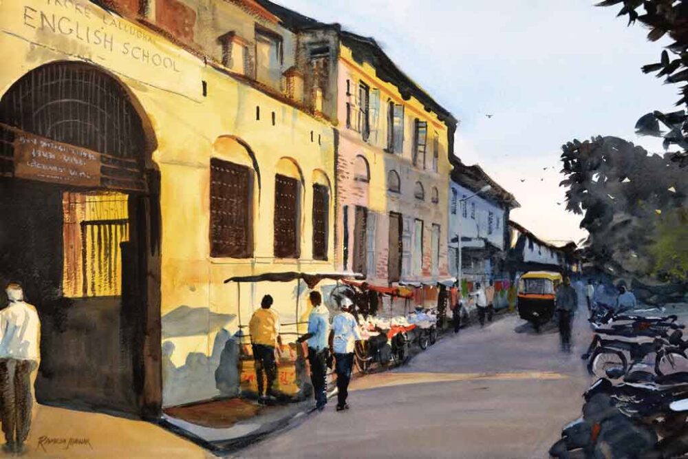 Painting on paper of city road side shops