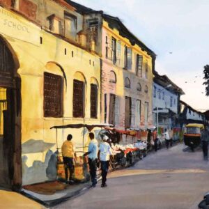 Painting on paper of city road side shops