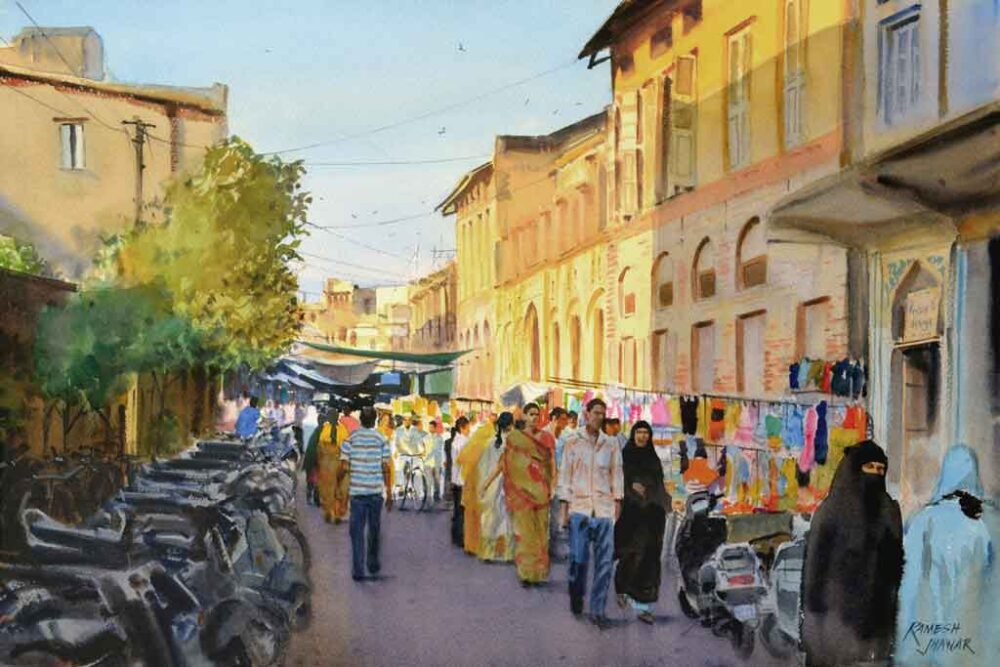 Painting on paper of a market in the city