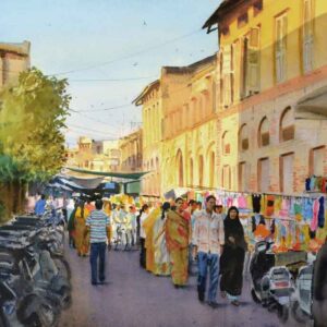 Painting on paper of a market in the city