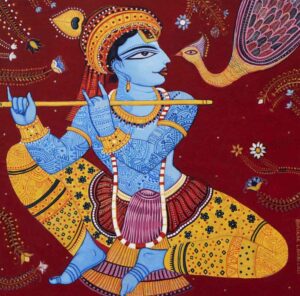 Painting on canvas of Krishna playing the flute