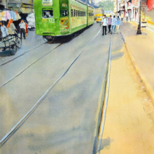 Painting on paper of tram in Kolkata