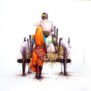 Painting on paper of a bullock cart in south india