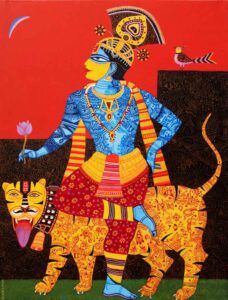 Painting on canvas of Krishna with tiger