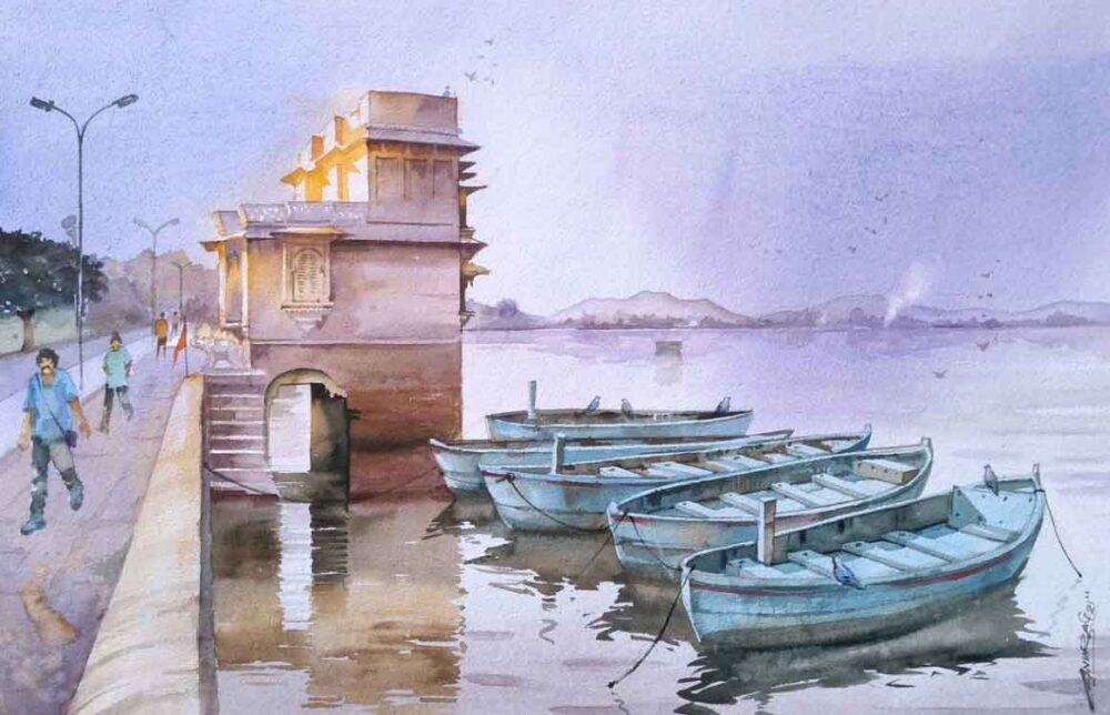 Painting on paper of lake in Rajasthan