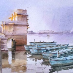 Painting on paper of lake in Rajasthan