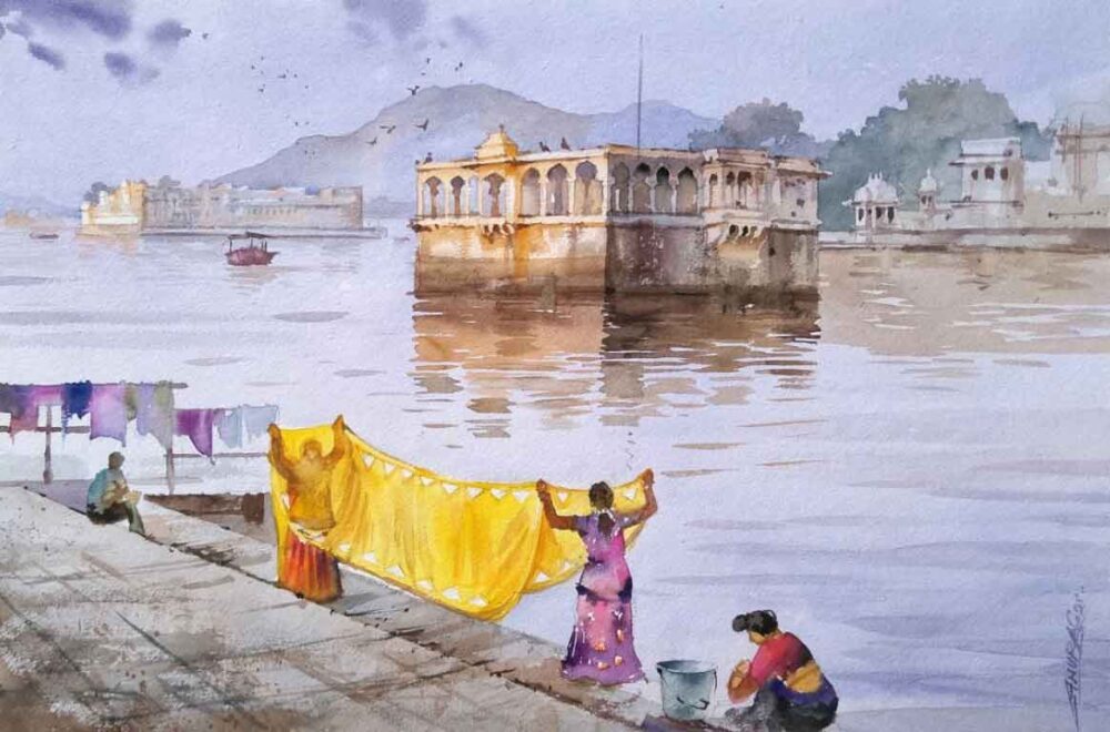 Painting on paper of lake in Rajasthan